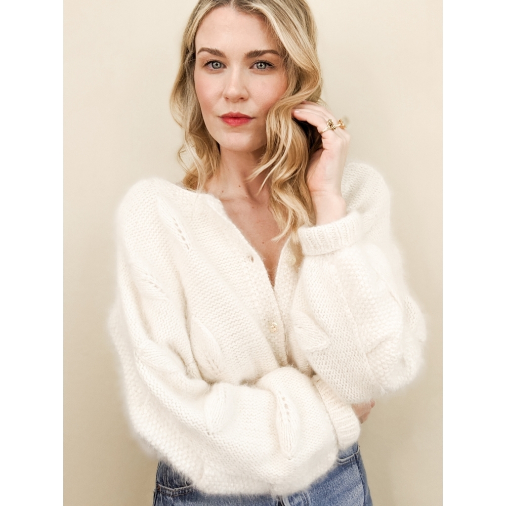 Vintage Ivory Handmade Leaf Design Angora Cardigan